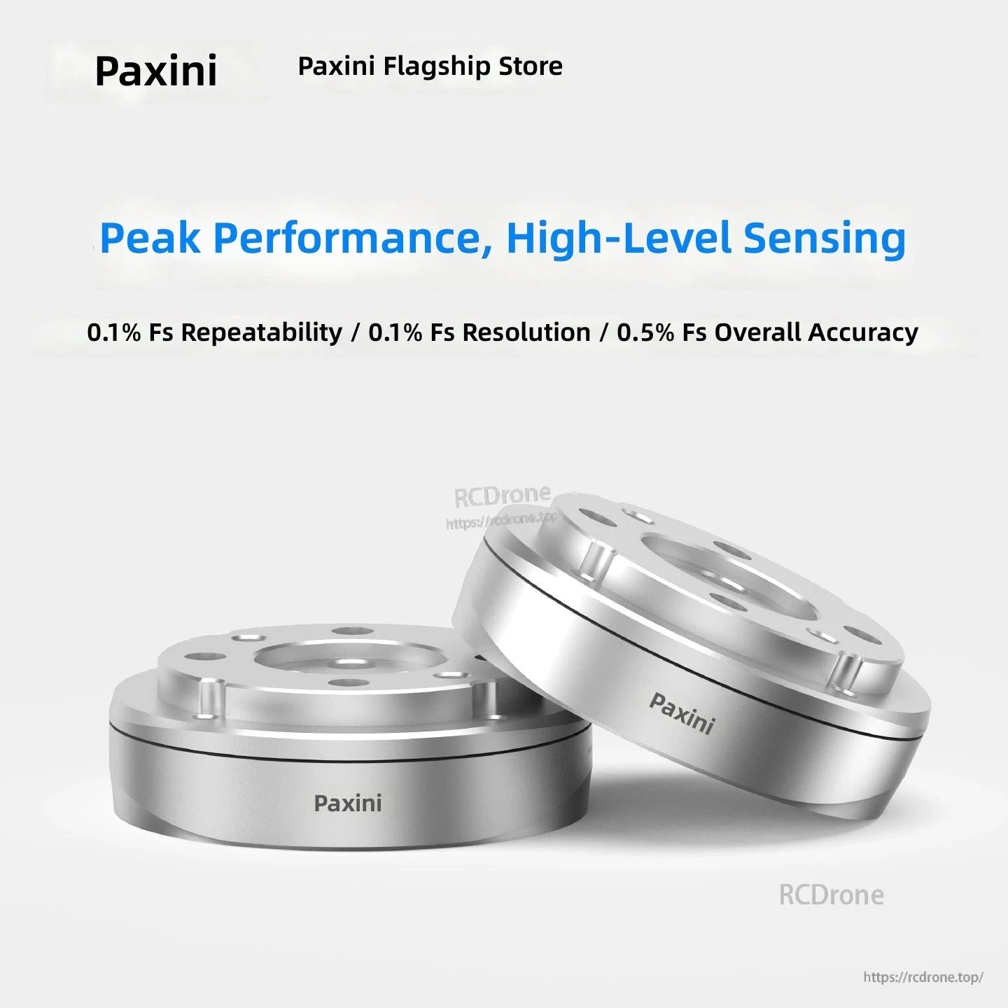 PaXini PX6D-75 sensor render highlighting 0.1% repeatability, 0.1% resolution, and 0.5% overall accuracy