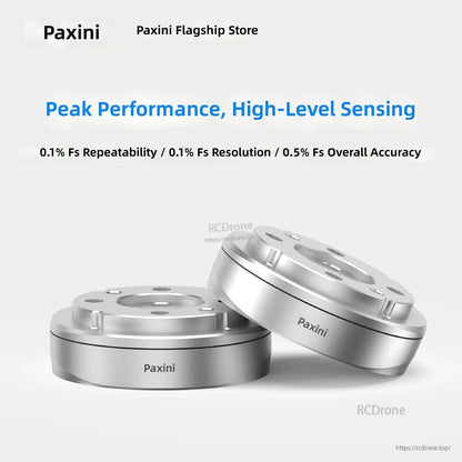 PaXini PX6D-75 sensor render highlighting 0.1% repeatability, 0.1% resolution, and 0.5% overall accuracy