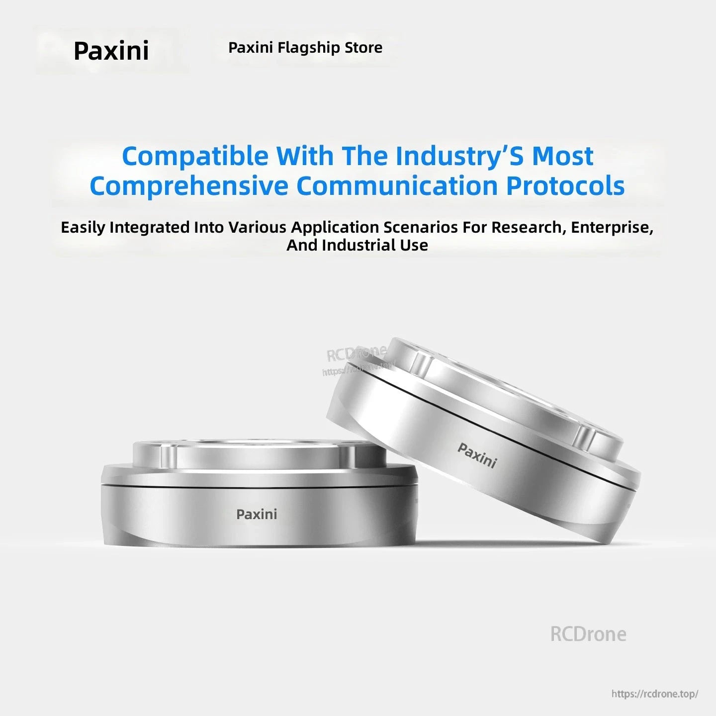 PaXini 6-axis force/torque sensor metal puck shown in two angled views with protocol compatibility headline