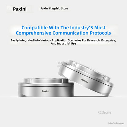 PaXini 6-axis force/torque sensor metal puck shown in two angled views with protocol compatibility headline
