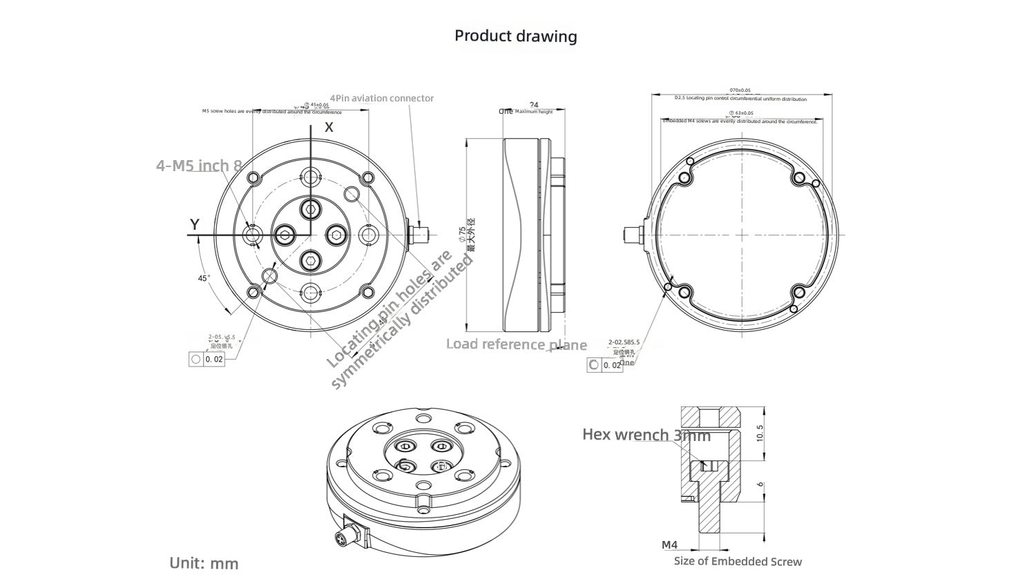 PX6D sensor mechanical drawing with dimensions, connector notes, and mounting screw/hex wrench details