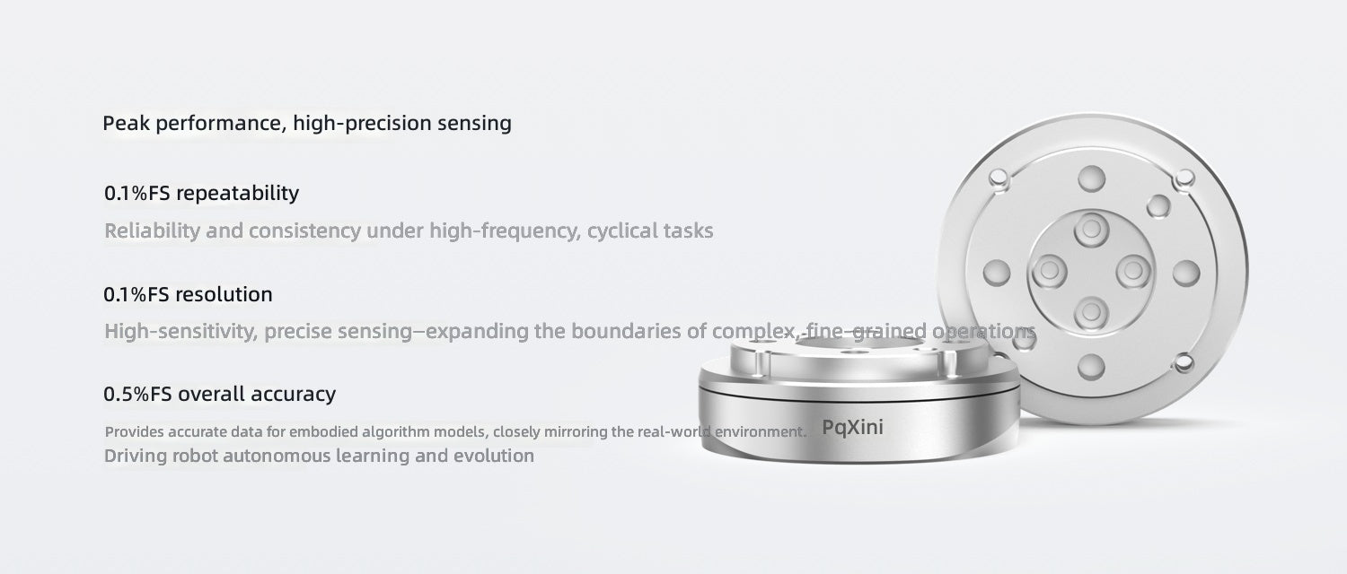 PaXini PX6D-75 6-axis force/torque sensor highlighting precision specs: repeatability, resolution, accuracy
