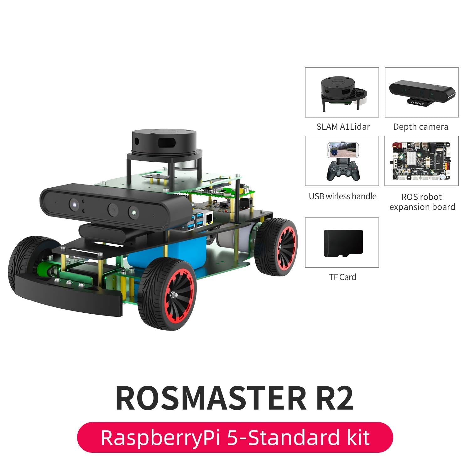 ROSMASTER R2 RPi 5 Standard Edition without development board accessories display: SLAM A1Lidar, depth camera, handle, etc.