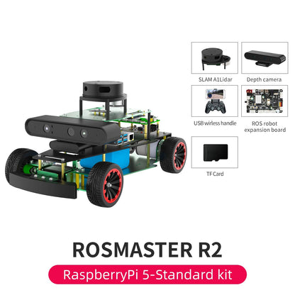 ROSMASTER R2 RPi 5 Standard Edition without development board accessories display: SLAM A1Lidar, depth camera, handle, etc.