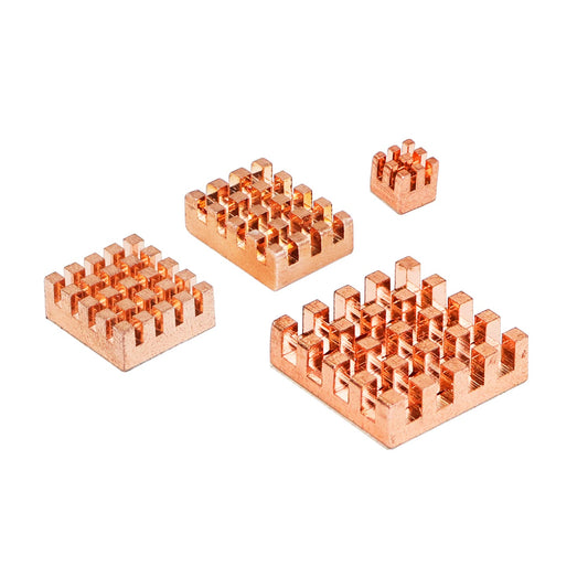 Raspberry Pi 5 Heat Sink Set with four copper fin heatsinks, assorted sizes on white background