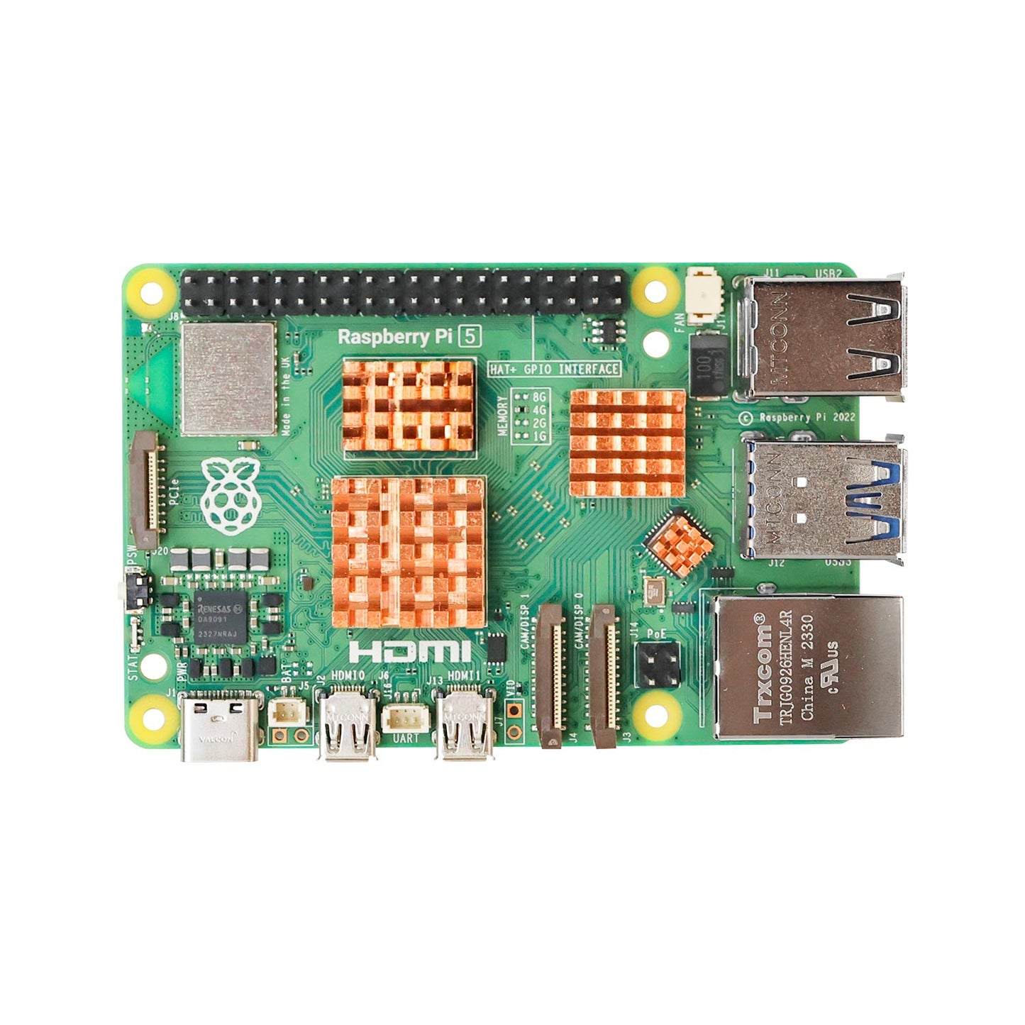Raspberry Pi 5 board top view with copper heatsinks installed on CPU, I/O chip, memory and small chip