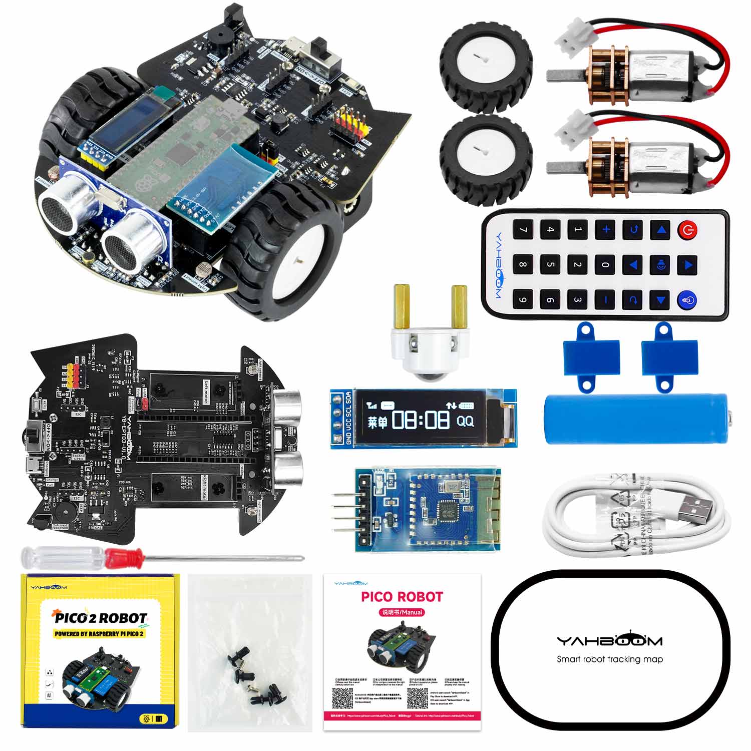 Kit contents layout with assembled car, motors, wheels, IR remote, modules, cables, screws, and accessories