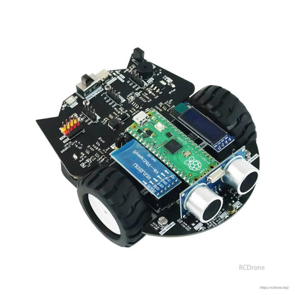 Angled top view of Pico robot car chassis showing motor mount area, Pico board, display module, and sensors