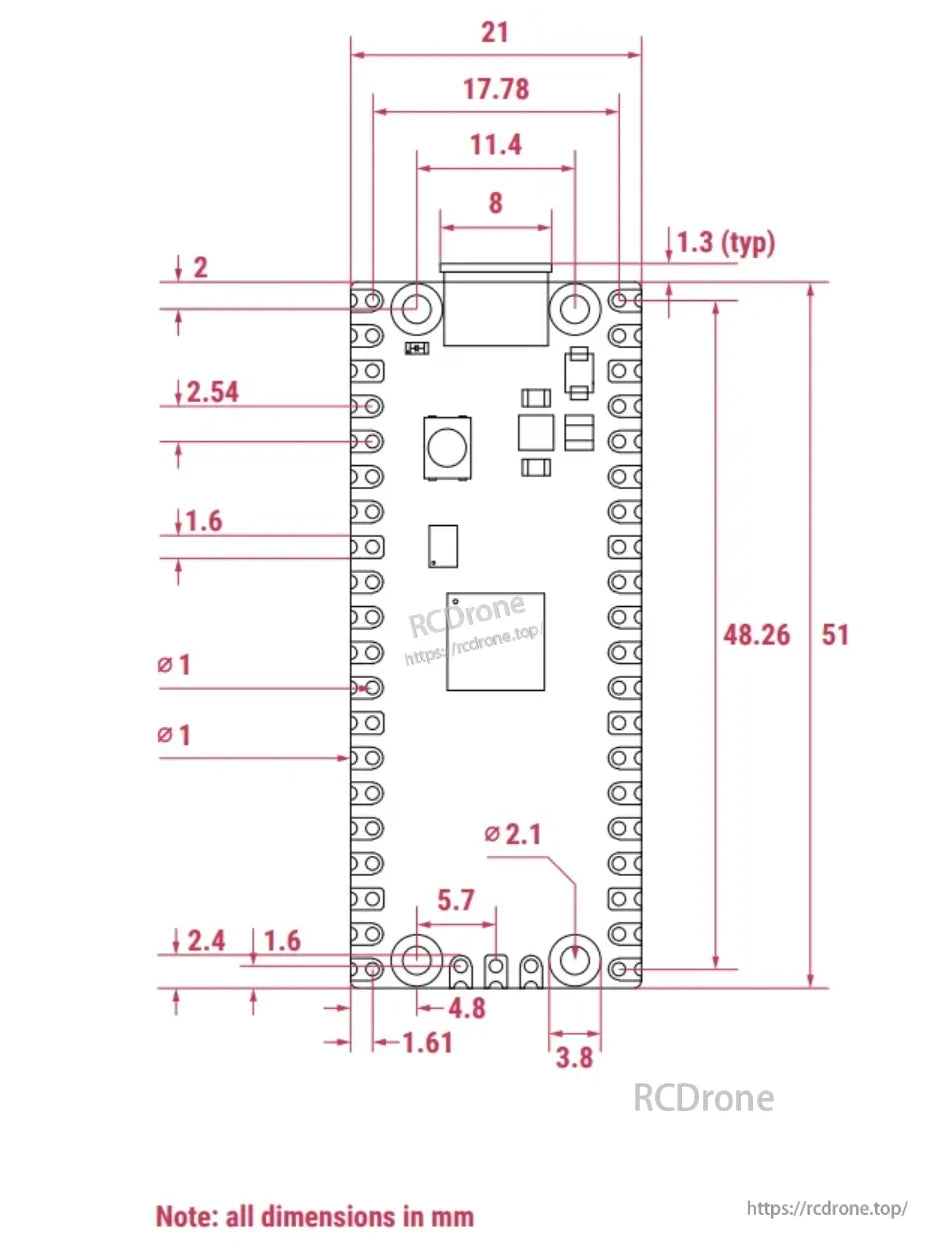 Pico microcontroller dimensions, pin layout, and schematic with measurements in mm.
