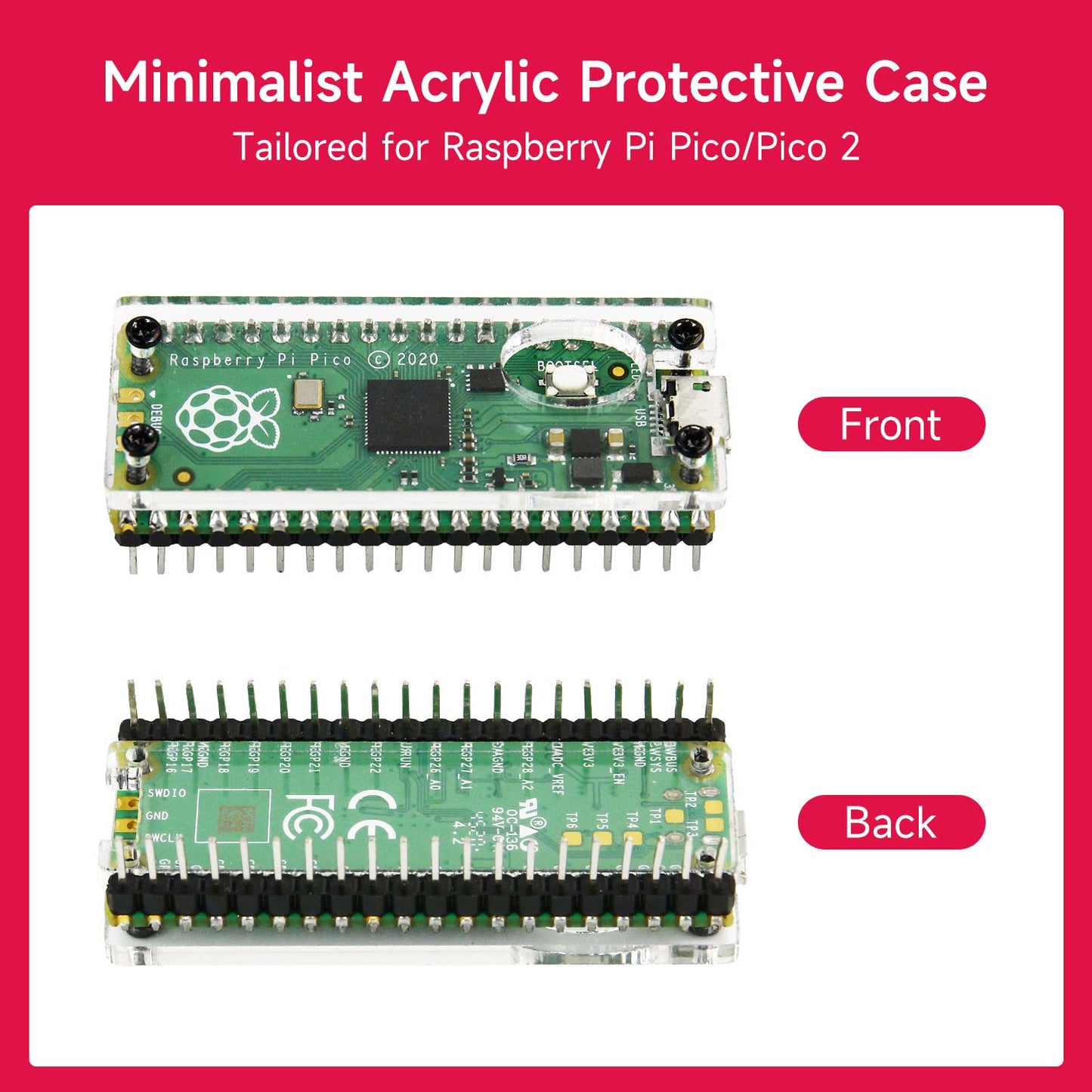 Yahboom Acrylic Protective Case front and back views on Raspberry Pi Pico/Pico 2, labeled comparison graphic