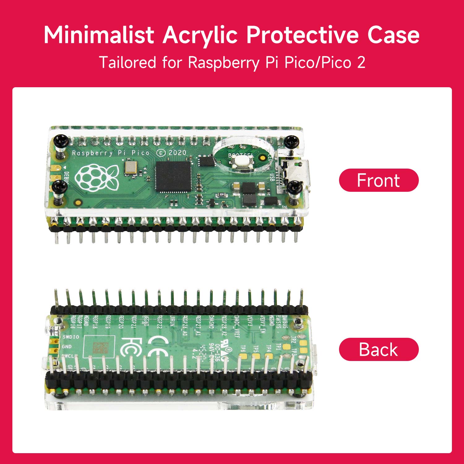 Yahboom Acrylic Protective Case front and back views on Raspberry Pi Pico/Pico 2, labeled comparison graphic
