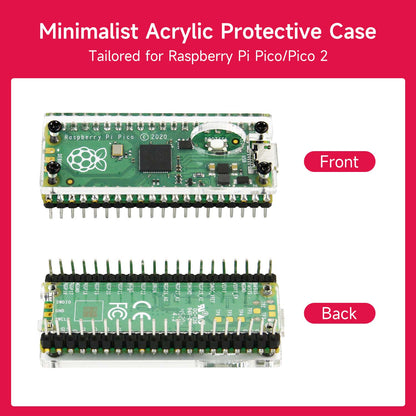 Yahboom Acrylic Protective Case front and back views on Raspberry Pi Pico/Pico 2, labeled comparison graphic