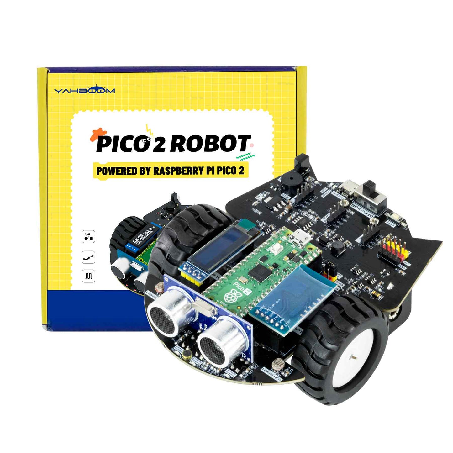 Yahboom Pico 2 Robot car kit with ultrasonic sensor and controller board, shown with retail box
