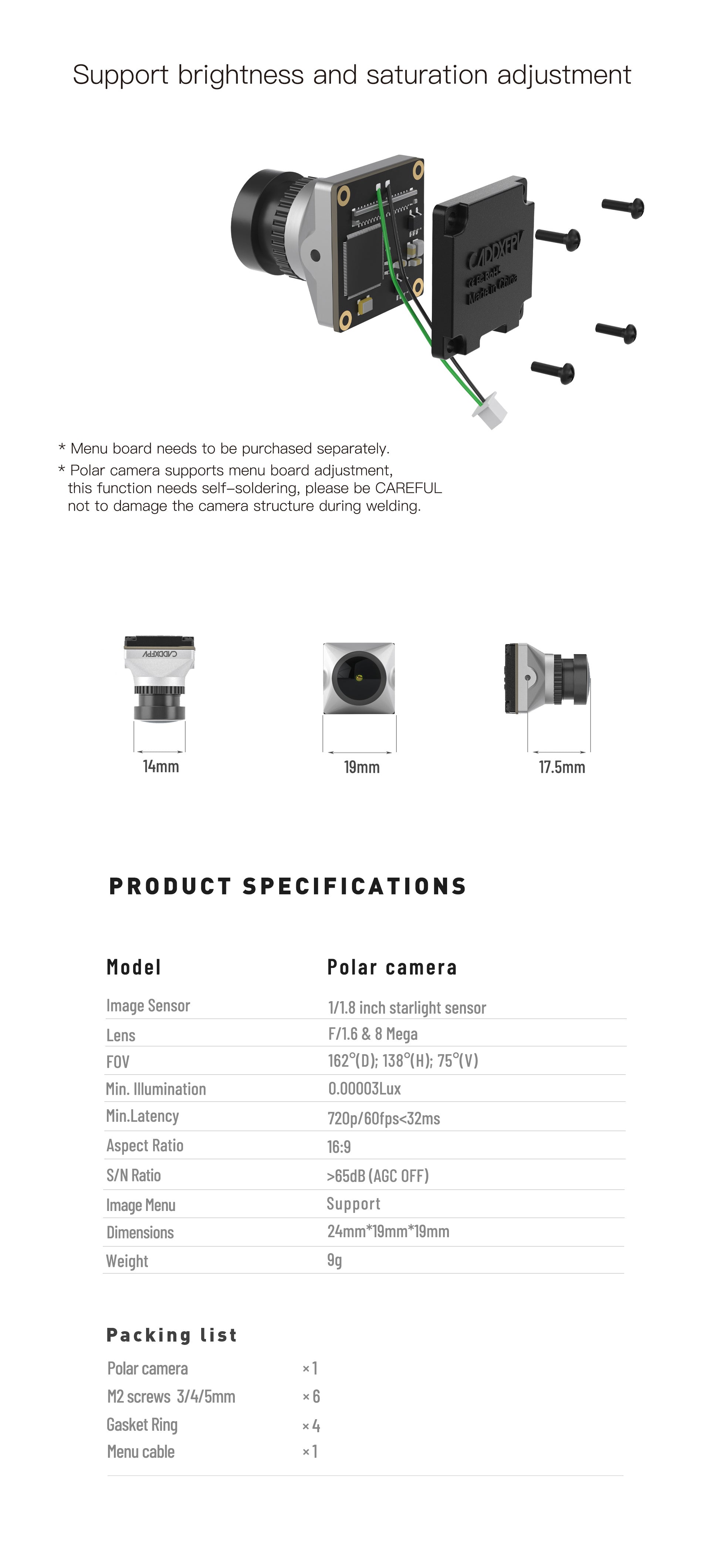 CADDXFPV Polar Starlight Digital Camera 7 x Polar camera supports menu board adjustment; this function needs self_soldering .