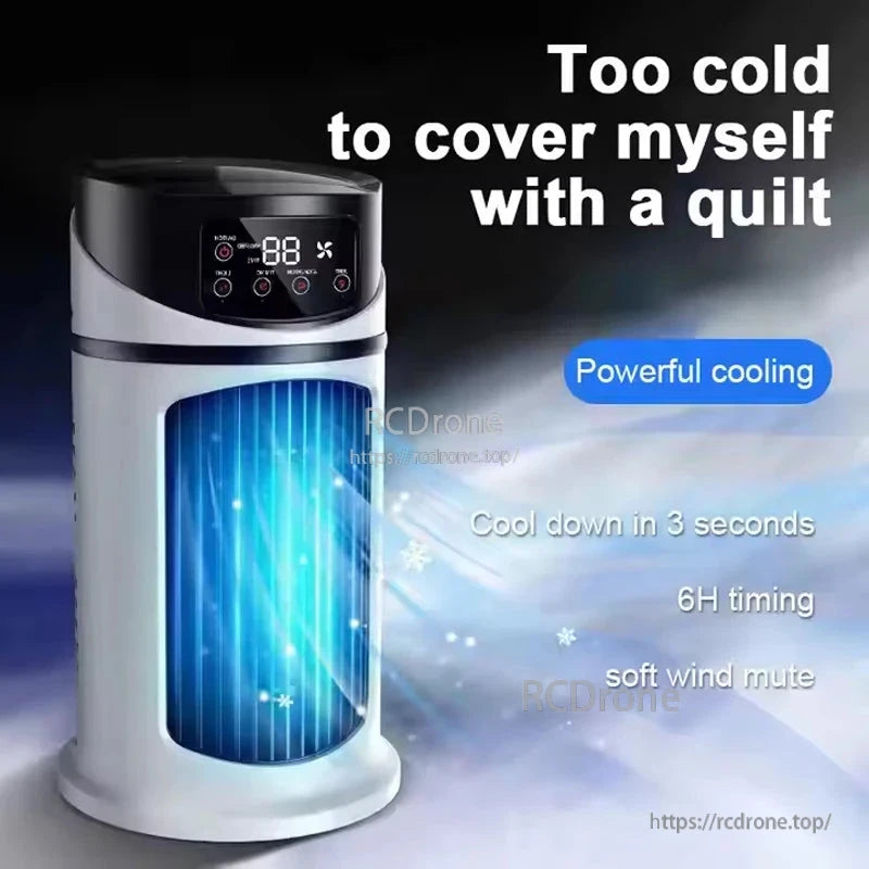 Ad graphic showing compact air cooler with text about powerful cooling, 6H timing, and soft wind mute