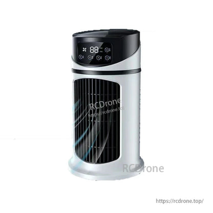 Portable mini air cooling fan air cooler angled view showing front vent and digital touch controls