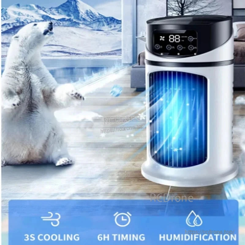 Promotional graphic of mini air cooler with icons for 3S cooling, 6H timing, and humidification