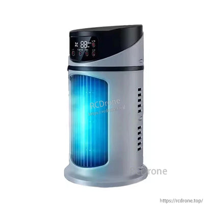 Side angle view of compact bladeless air cooler showing side vents and curved top panel