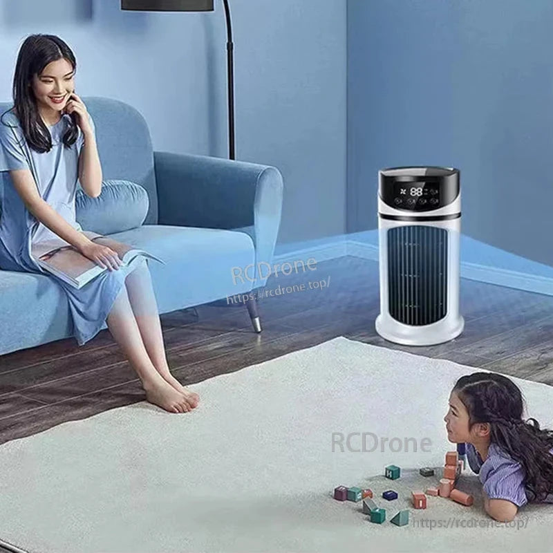 Living room scene with compact bladeless air cooler near sofa while child plays on floor
