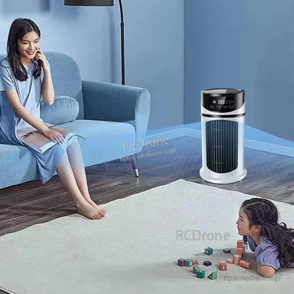 Living room scene with compact bladeless air cooler near sofa while child plays on floor