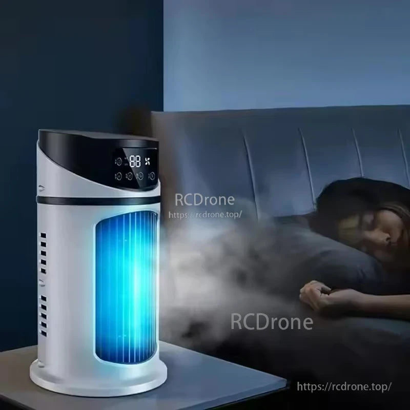 Compact bladeless air cooler on a nightstand delivering cool mist-style airflow for comfortable sleep