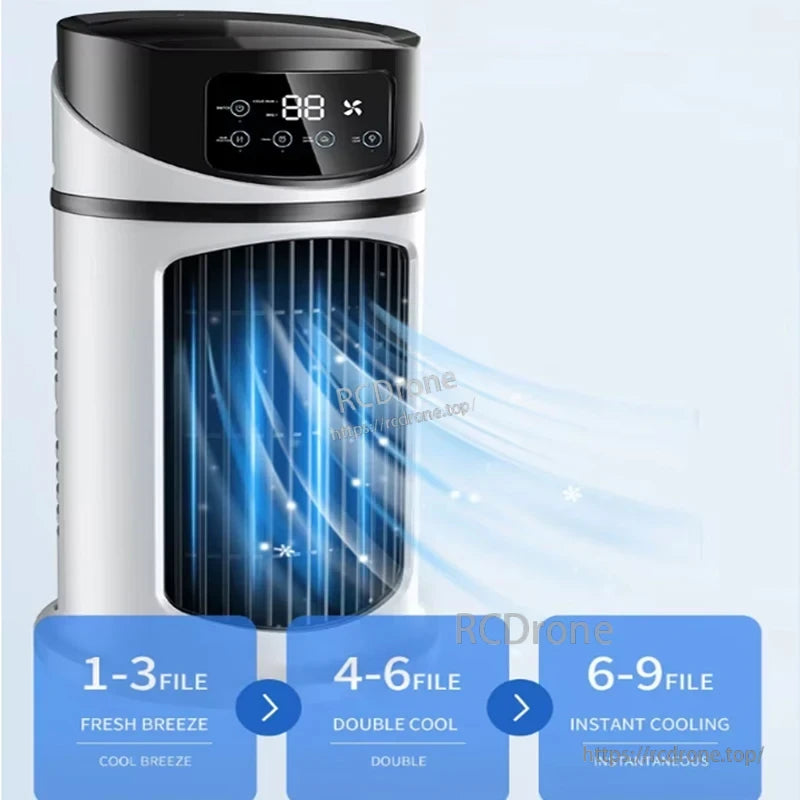 Wind speed level options on the mini air cooler: 1–3 Fresh Breeze, 4–6 Double Cool, 6–9 Instant Cooling