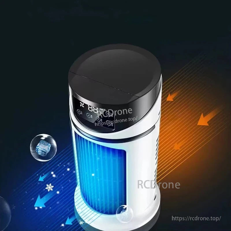 Angled view of the bladeless tower air cooler showing airflow direction for cooling and humidifying
