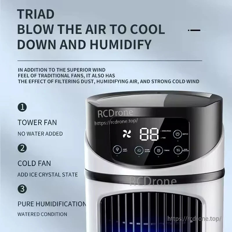 Portable mini air cooler modes chart: tower fan (no water), cold fan (ice crystal), pure humidification (water)