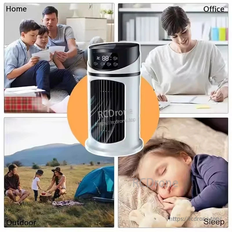 Portable mini air cooler for home, office, outdoor trips and bedside use, shown in a lifestyle collage