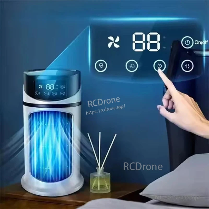 Touch control panel and digital display on the air cooler, with on/off button and mode icons in English UI