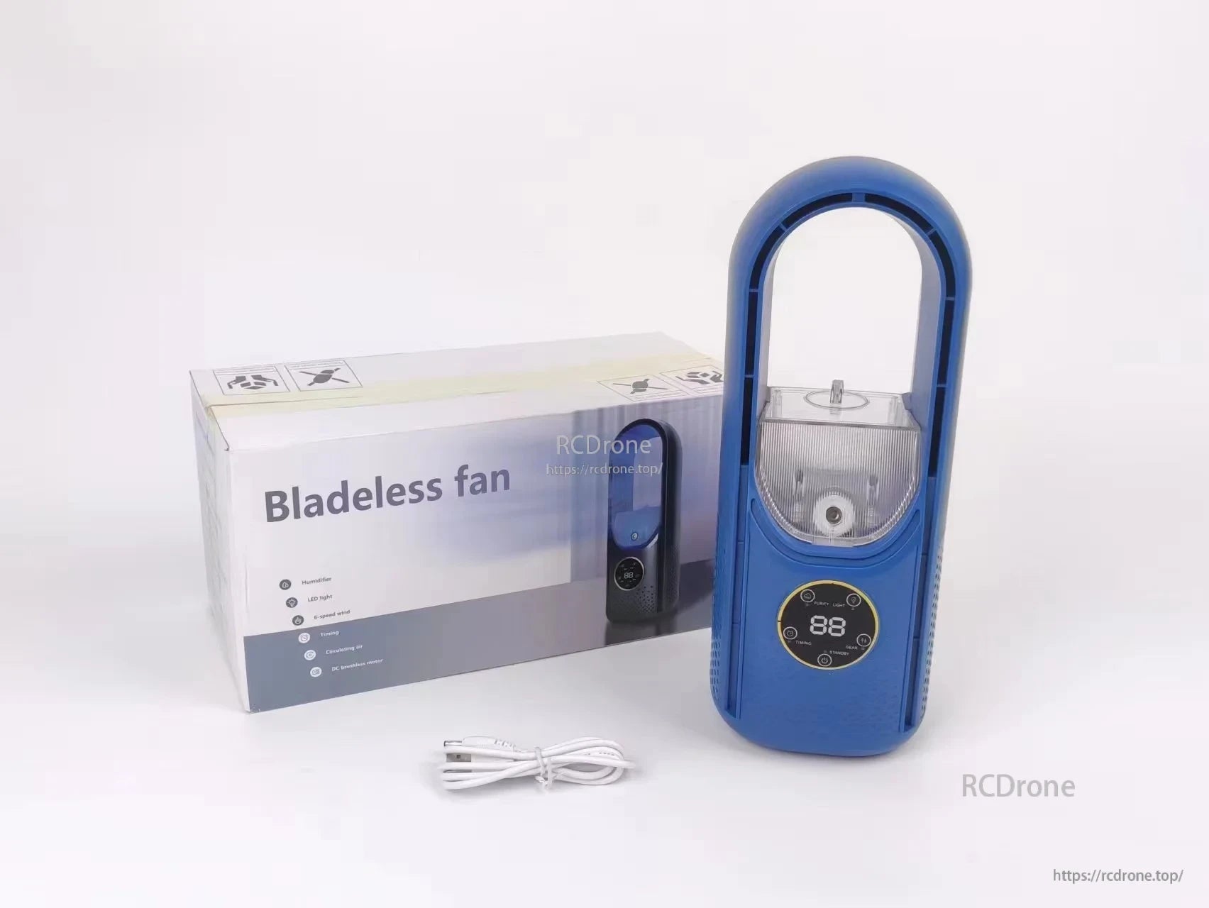 What’s included: blue bladeless fan unit, retail box labeled “Bladeless fan,” and USB power cable