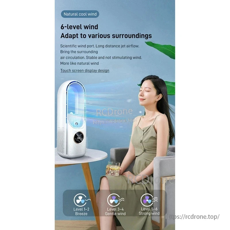 6-level wind speed bladeless fan beside seated woman, illustrating gentle-to-strong airflow range