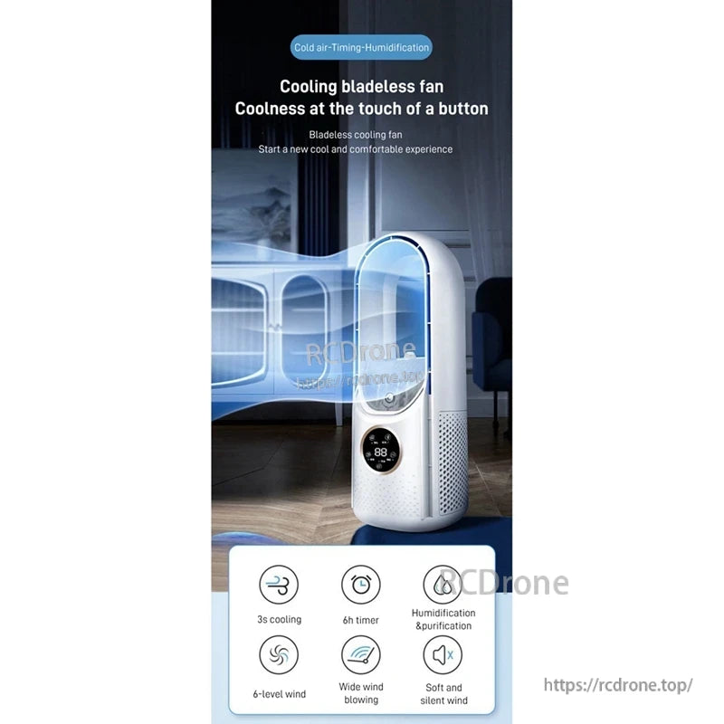 White portable USB bladeless air cooler fan on desktop with 6-level wind, 6-hour timer and humidification features