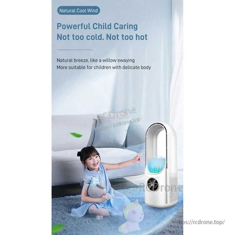 Portable bladeless air cooler fan in living room near child, highlighting natural cool wind comfort
