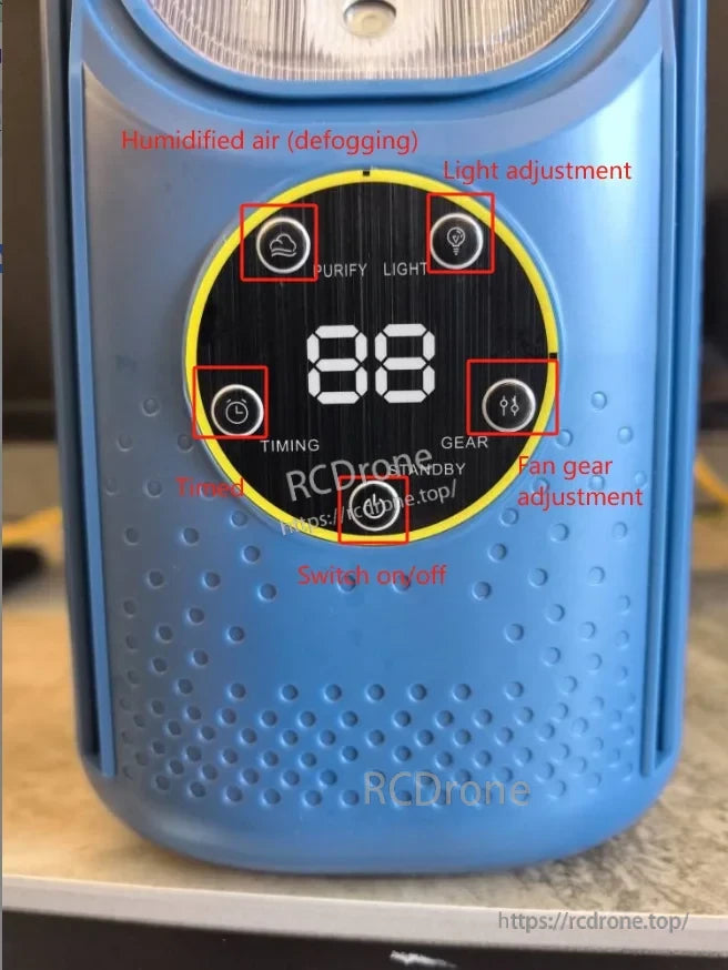 Touch control panel close-up with PURIFY, LIGHT, TIMING, GEAR and power buttons plus standby indicator