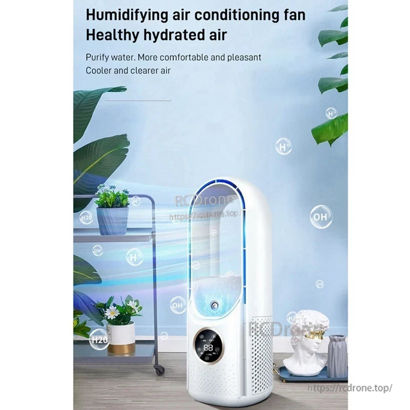 Humidifying air cooler fan in white with visible water tank and cool mist effect for hydrated air