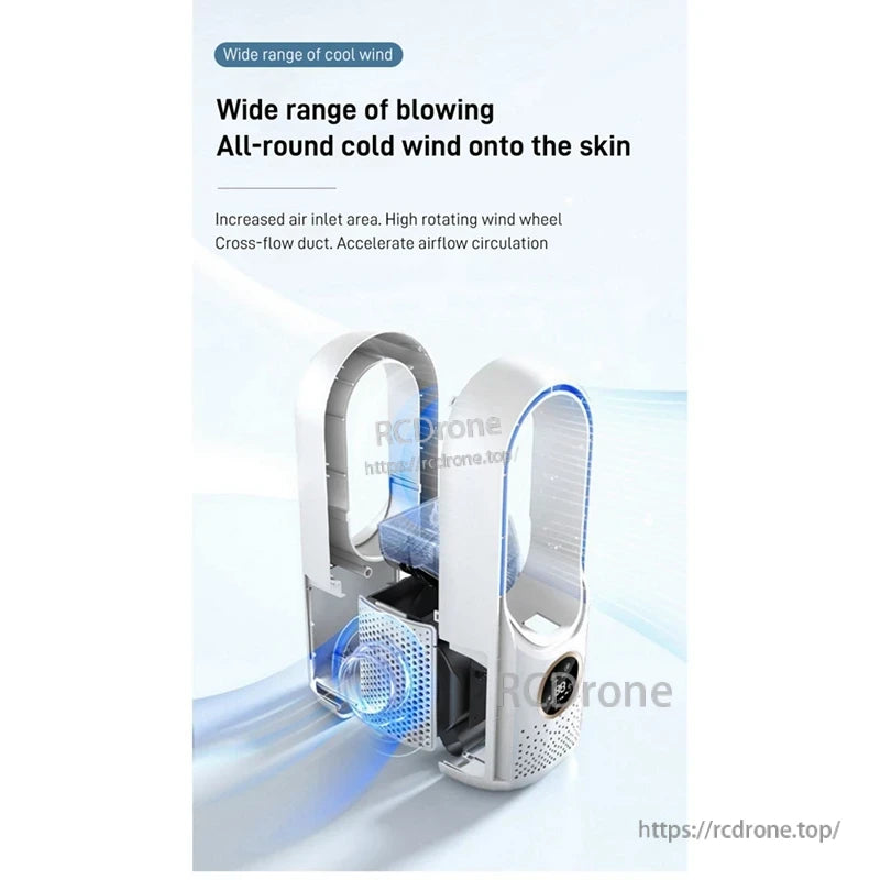 Exploded internal view of bladeless air cooler showing enlarged air inlet, wind wheel and cross-flow duct airflow path