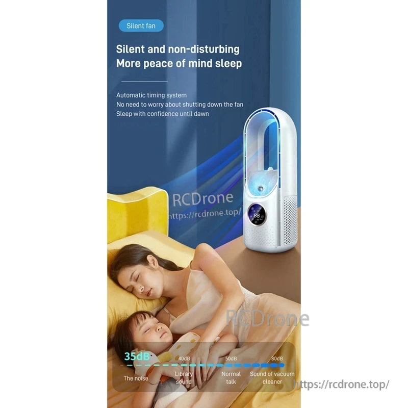 Quiet bedroom scene with bladeless cooler fan and 35 dB noise reference scale plus timer sleep message
