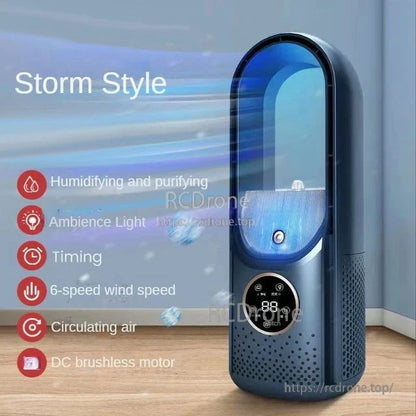 Dark blue Storm Style feature graphic highlighting humidifying/purifying mode, ambient light, timing and 6-speed airflow