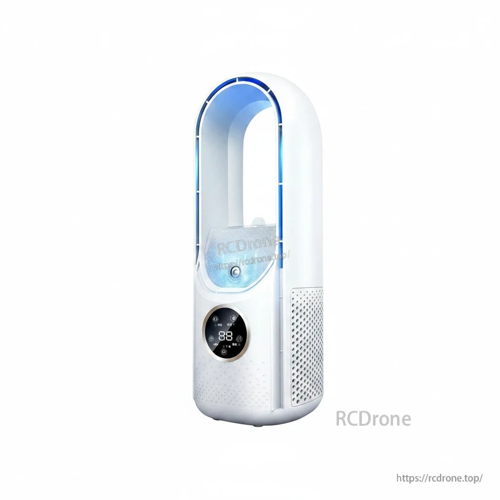 White bladeless fan angled side view showing perforated air intake grille and blue ambient light inside loop