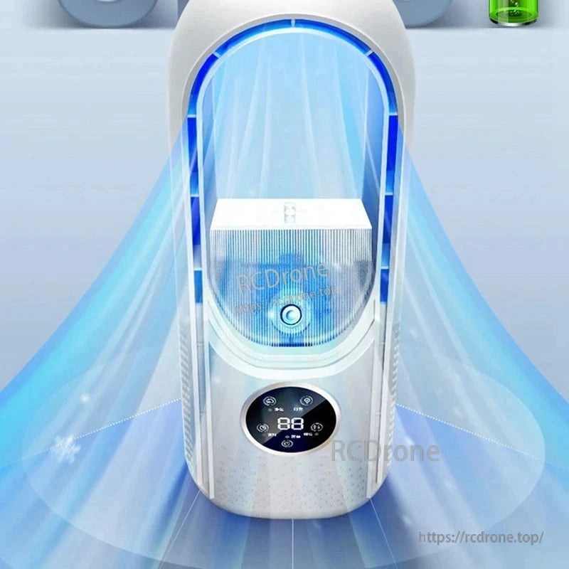 Top-front close view of white bladeless air cooler with blue ambient light and illustrated wide air outlet flow