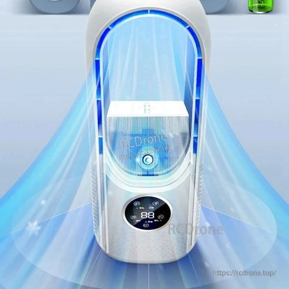 Top-front close view of white bladeless air cooler with blue ambient light and illustrated wide air outlet flow