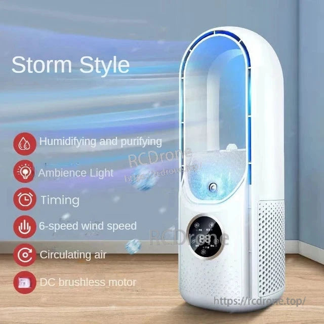 White Storm Style feature graphic listing humidifying and purifying, ambient light, timer, 6-speed wind and DC motor