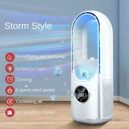 White Storm Style feature graphic listing humidifying and purifying, ambient light, timer, 6-speed wind and DC motor