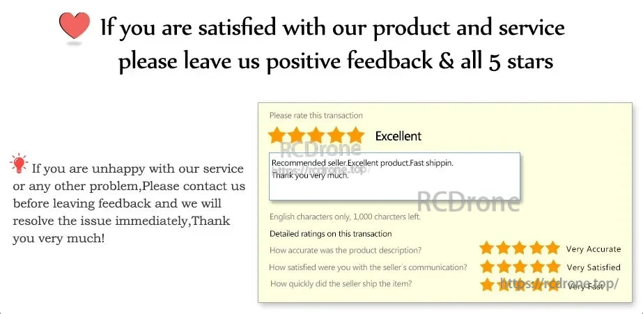 Customer feedback request graphic asking for positive review and 5-star rating, with contact support note