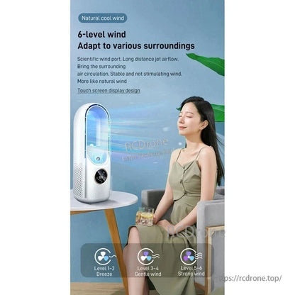 Bladeless air cooler fan in room scene beside seated woman, airflow illustration and 6-level wind speed graphic