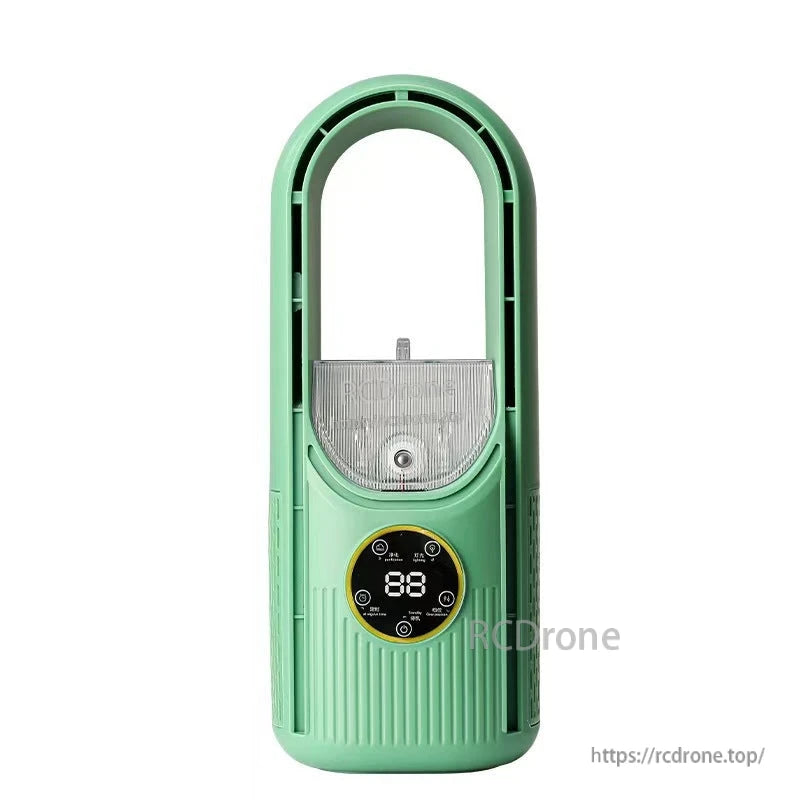 Green bladeless air cooler fan front view with touch display and clear water reservoir panel