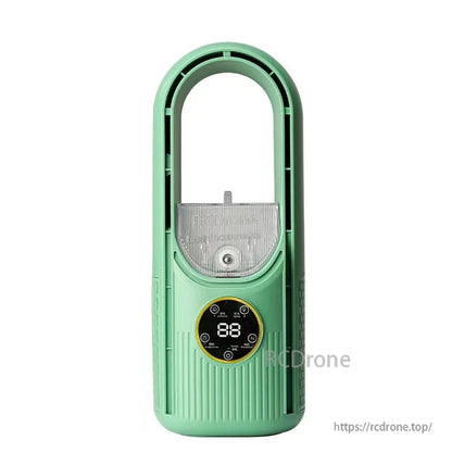 Green bladeless air cooler fan front view with touch display and clear water reservoir panel
