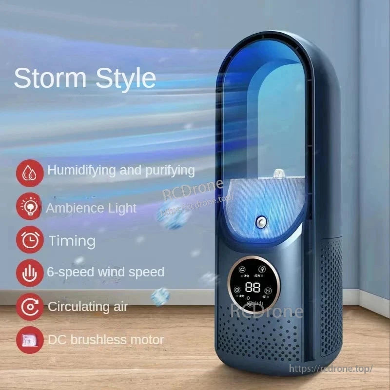 Dark blue bladeless air cooler feature graphic showing humidify/purify, ambient light, timer and 6-speed icons