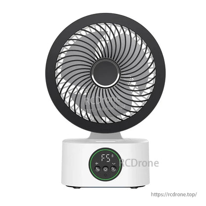 Black grille air circulator fan front view with digital control display on the base